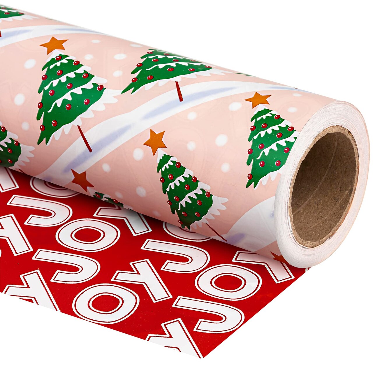 Reversible Christmas Wrapping Paper - Mini Roll - 17 Inch x 33 Feet - Christmas Tree Wrapping Paper with Joy Lettering Perfect for Holiday, Party, Celebration
